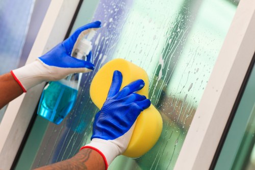 Cleaner wearing PPE while carrying out a safe cleaning task